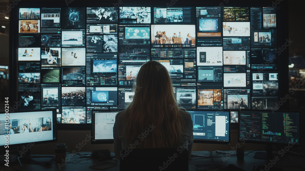 Poster woman sits in front of multiple screens displaying data and images, immersed in high tech environment. room is dimly lit, highlighting digital displays
