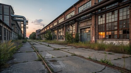 Fototapeta premium Deserted industrial facility with rusted pipes and overgrown grass