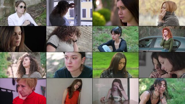 A multiscreen compilation showing 16 women of different ages in states of distress. The display highlights their negative emotions and emotional pain.