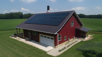 Obraz premium Red barn with solar panels on roof, green field background.