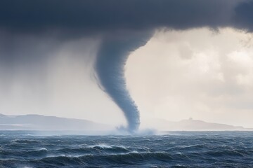 tornado storm closeup in the sea or ocean. Climate change and environment. Weather forecast flood prevention.