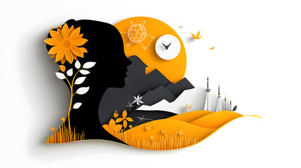 Naklejka premium Papercut silhouette of a woman holding a globe with icons of science, symbolizing global innovation