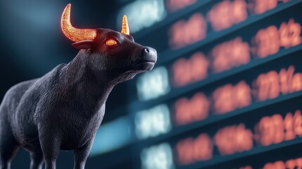 Rendering Stock Market Bull Concept, Bull Icon Representing Rising Trends in Stock Market Environment