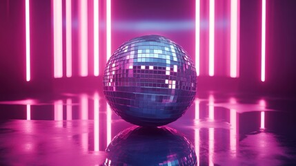 Fototapeta premium Minimalist silver disco ball with neon pink and blue lights