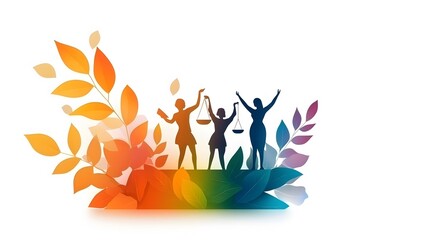 Abstract design of people holding scales and balancing symbols of justice and equality