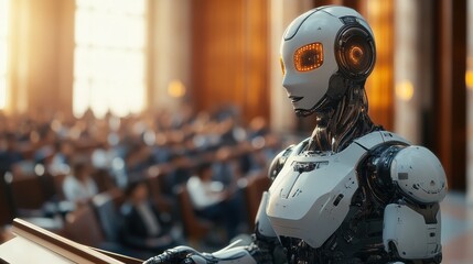 Fototapeta premium Humanoid robot lecturer in modern college classroom setting