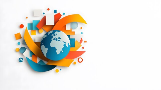 Papercut design of a globe surrounded by letters representing multilingual unity