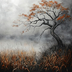 Fototapeta premium An artistic depiction of a tree with a curved trunk standing against a foggy landscape. 