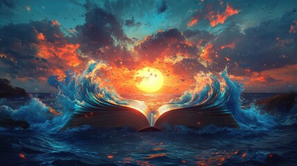 Fototapeta premium Book with ocean and islands flowing out at sunset