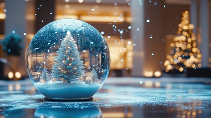 Fototapeta premium Blue and white christmas scene with mini tree in glass ball