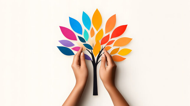 Papercut depiction of hands planting seeds with letters from different languages growing as flowers