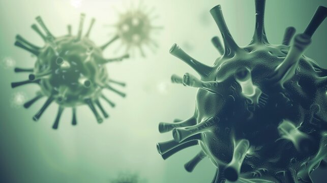 Close-up view of microscopic viruses in green tones biology science medical