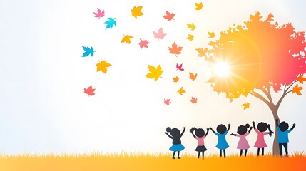 Papercut depiction of a group of children singing songs in their native languages under a glowing sun