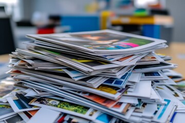 Stacked collection of vibrant photographs spread across a table in an office setting during daylight hours