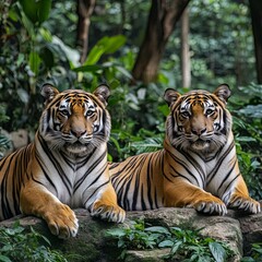 Obraz premium Asian tigers are resting in the natural forest.