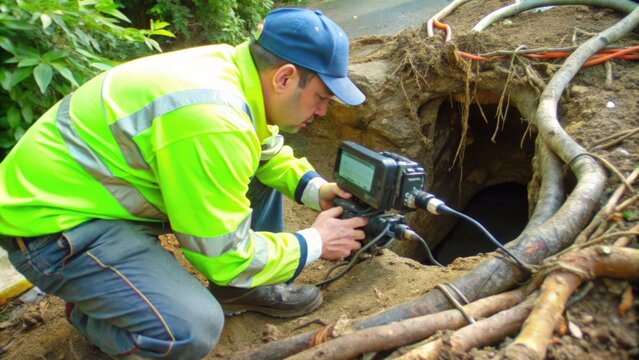 Worker in safety vest inspecting a sewer line with a camera