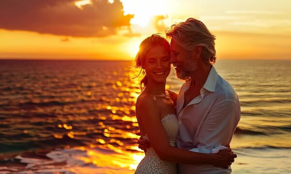 Elderly couple dancing at sunset for National Dance Day, August 26th, joyful expressions, romantic setting, live music - Powered by Adobe