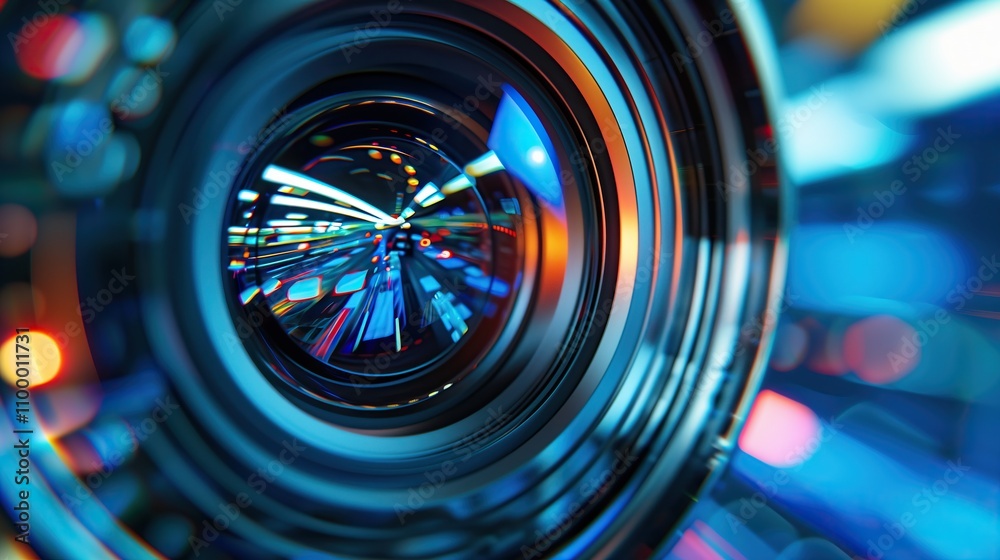 Poster close-up of camera lens focusing vibrant colors and dynamic light trails