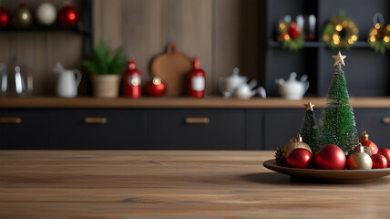 Kitchen blurred background with an empty wooden table or counter, Christmas decorations, and lights, selective focus, for product presentation.