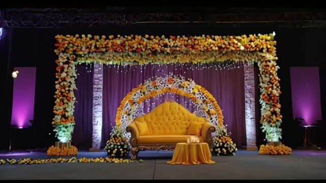 event stage decorated with flowers, stage setup for the wedding.