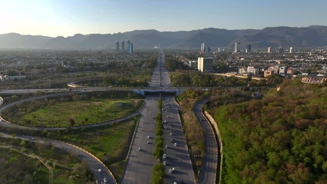 Islamabad Expressway, Faisal Avenue, A beautiful Road And margalla hills with Faisal Faisal Mosque drone view, Aerial.