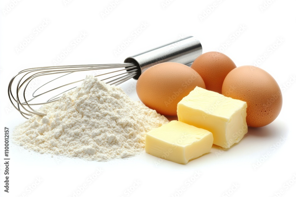 Poster flour, eggs, a whisk, and butter are arranged neatly on a white surface, creating a perfect setup fo