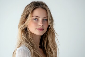 Fototapeta premium Gorgeous Young Woman with Flowing Blonde Locks Posing Gracefully Against a Crisp White Backdrop