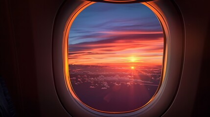 Naklejka premium A stunning sunset viewed from an airplane window, showcasing vibrant colors and clouds in the sky.