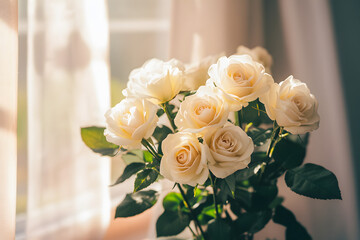 Obraz premium Closeup photo of a beautiful White Rose, plant with white flowers, romantic blossom