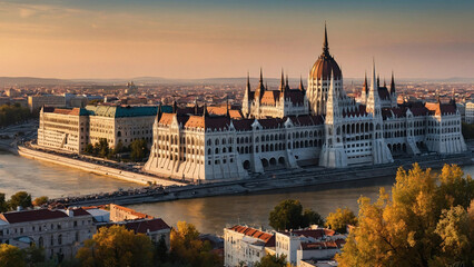 Fototapeta premium city of Budapest, architectural masterpiece in all its glory, with the setting sun casting a warm glow 