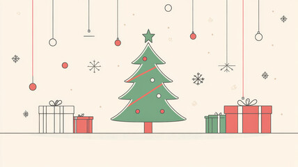 Naklejka premium Minimalist christmas tree and gift boxes frame line art vector