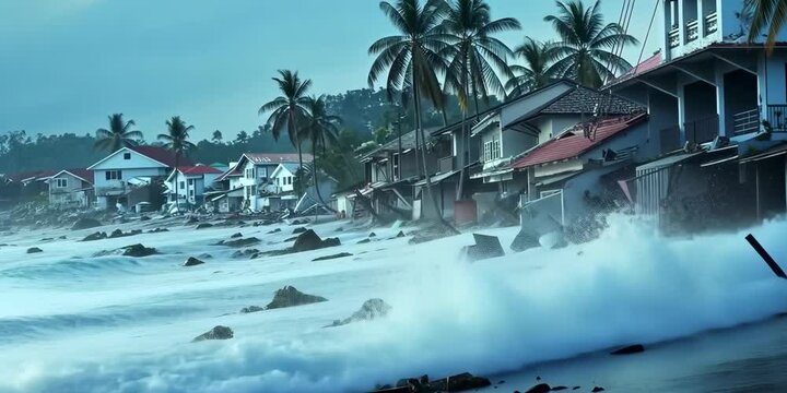 Coastal damage after a powerful tsunami, 4K Video