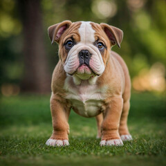 Fototapeta premium A full-body portrait of a playful bulldog puppy standing on grass, with a blurred green tree background.