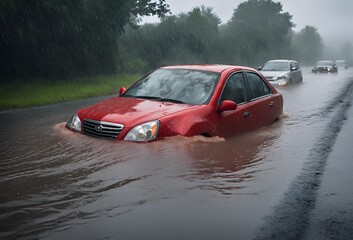 car rides in heavy rain on a flooded road