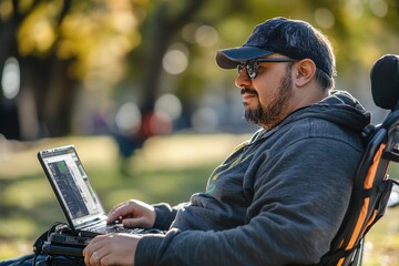 Fototapeta premium Man working on a laptop in a park on a sunny afternoon surrounded by greenery