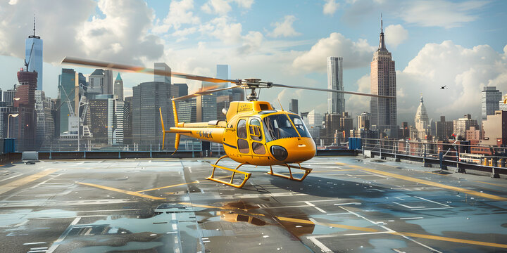 Helicoptero amarillo en una ciudad