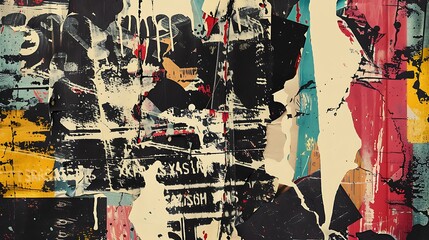 Fototapeta premium Abstract artwork featuring bold colors and layered textures, conveying a sense of chaos and creativity.