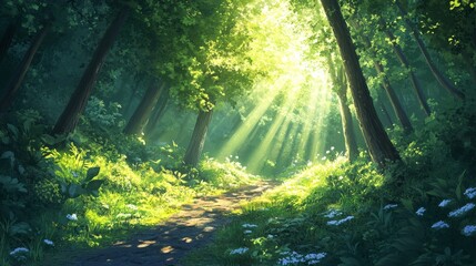 Fototapeta premium Sunlit Forest Path A Magical Woodland Scene