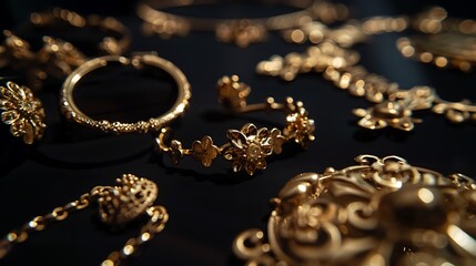 A collection of intricate gold jewelry pieces displayed artistically on a dark surface.
