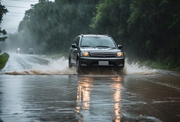 car rides in heavy rain on a flooded road
