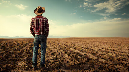 A farmer standing in a parched field, looking up at a sky devoid of rain clouds