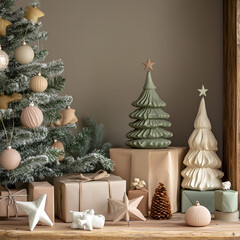 A cozy, minimalist holiday tree setup features soft, neutral-toned ornaments, star decorations, and frosted branches. Gift boxes wrapped in beige paper and twine complement the natural look