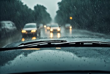 car rides in heavy rain on a flooded road