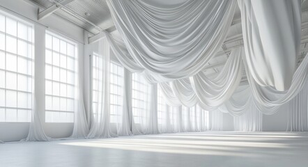 Obraz premium Sculptural Fabric Installation in Minimalist Warehouse Space