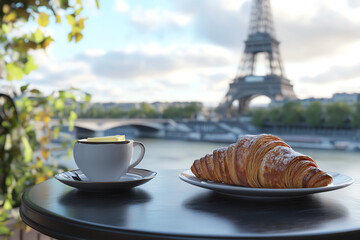 French croissant with butter, served on a cafe table overlooking the Eiffel Tower