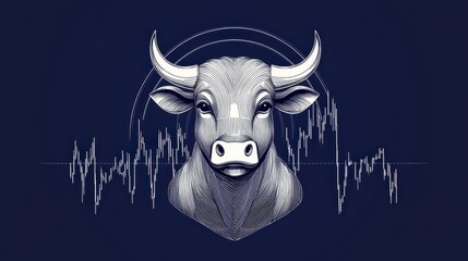 Rendering Stock Market Bull Concept, Minimalistic Line Art of Bull Integrated with Graph Elements