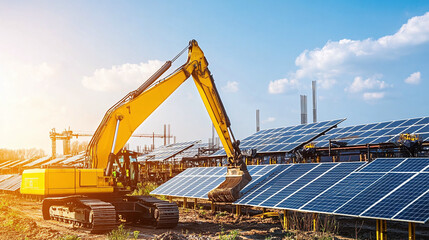 A busy solar farm under construction, showcasing innovation and progress