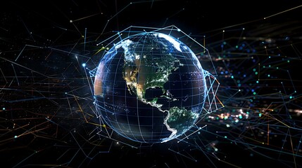 A digital representation of Earth with interconnected lines, symbolizing data flow and global connectivity.
