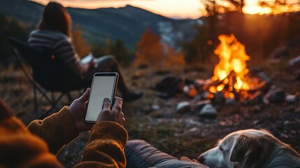 Fototapeta premium Man holding a smartphone a cozy campfire and camping chairs, a dog lying asleep on the ground
