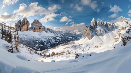 Beautiful winter landscape with snow covered fir trees and mountains in the background